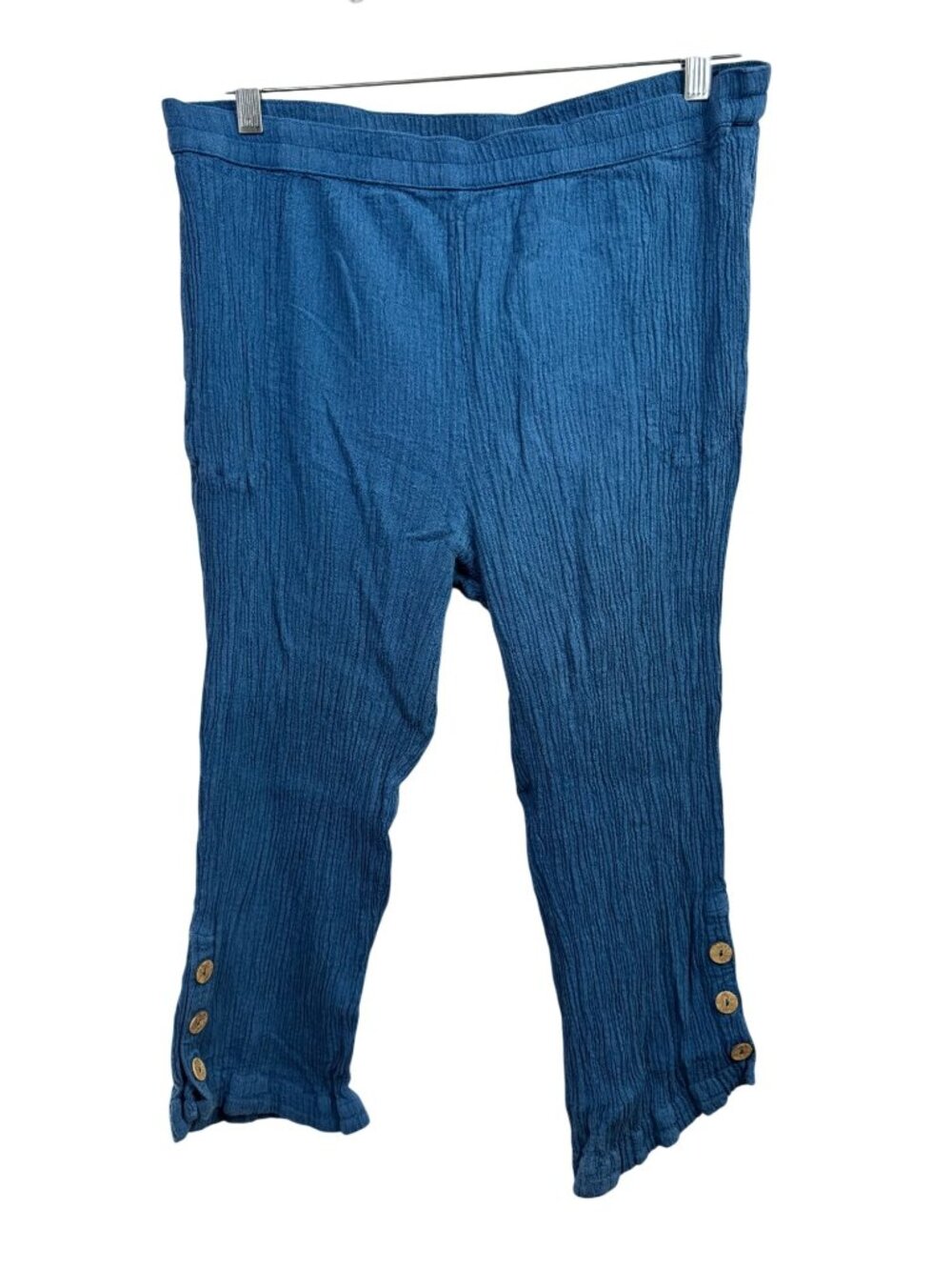 Focus Womens Blue Crinkle capri Pants Rayon XL Cotton Linen Blend Lagenlook